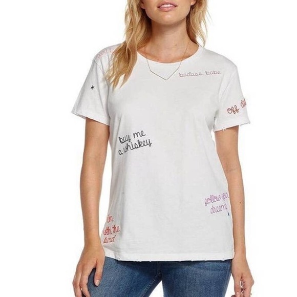 Chaser Tops - Chaser NWT Crew Neck Short Sleveless Embroidered Chatty Tee Shirt White Medium